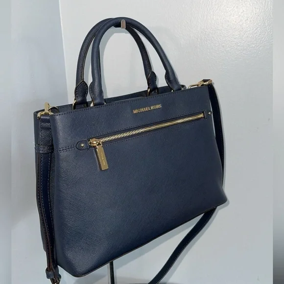 MICHAEL KORS Handbag Crossgrain Leather Navy Large Crossbody Satchel AUTHENTIC - Picture 3 of 12